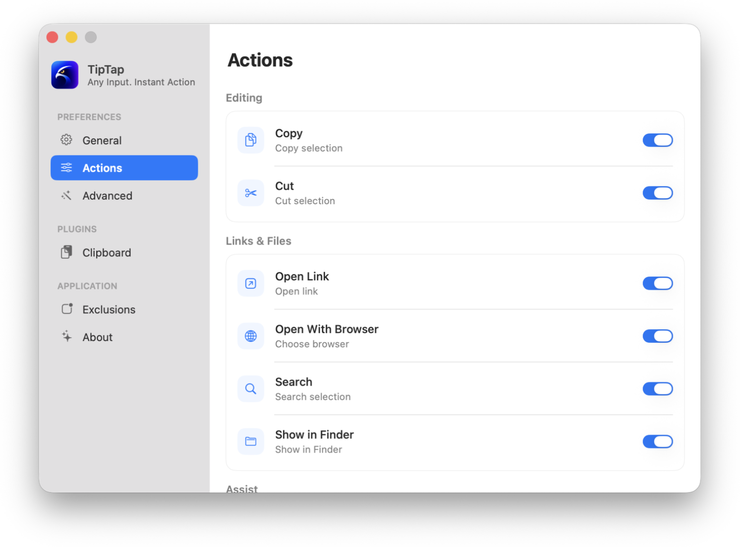 TipTap Actions settings window showing grouped action controls