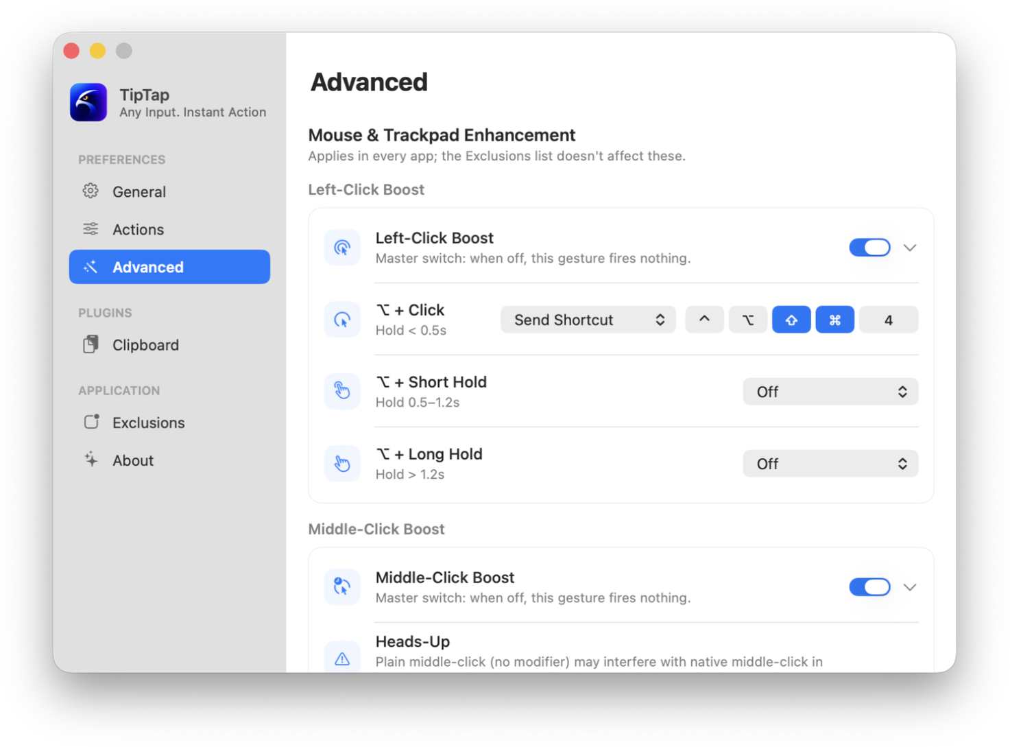 TipTap Advanced settings window for click boost configuration