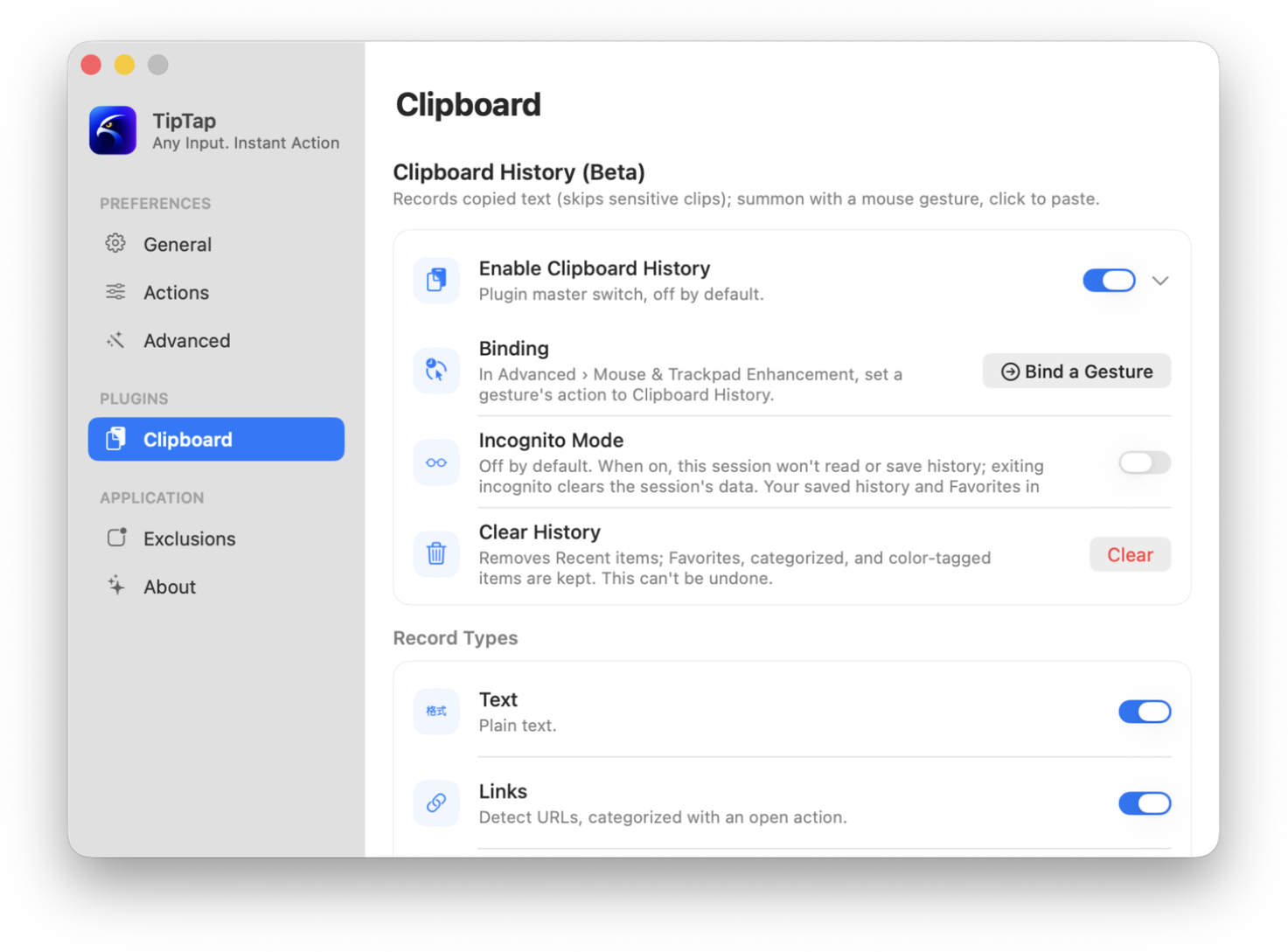 TipTap Clipboard settings window showing history and record types