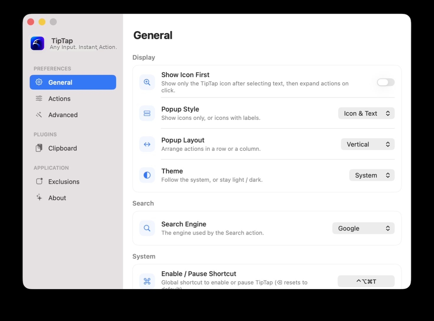 TipTap General settings window showing popup style, layout, theme, search engine, and pause shortcut settings