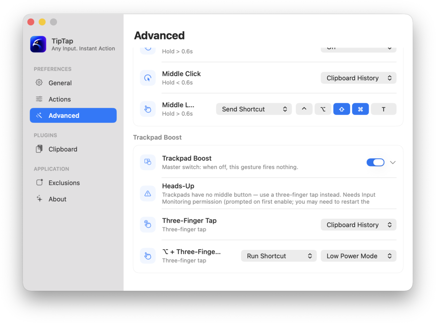 TipTap Advanced settings window showing trackpad boost bindings